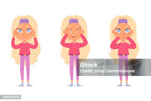 istock Funny girl close mouth, eyes and ears set like, do not see, speak and hear concept 1366555616