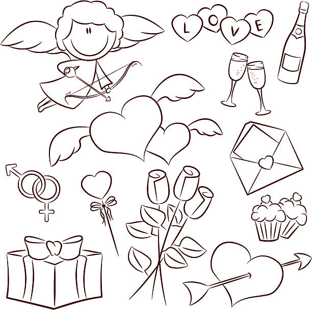 Valentine's Day icons Doodle set with Valentine's Day icons winged cherub stock illustrations