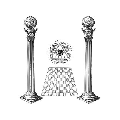 Boaz and Jachin Columns and Eye of Providence, vector illustration concept in engraving style. Vintage pastiche of freemasonry signs. Drawn sketch of occult and mystical symbols.