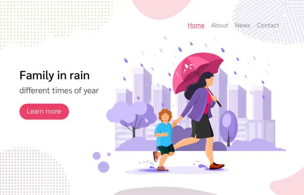 Vector illustration of Family with umbrella running in autumn rainy weather rushing home