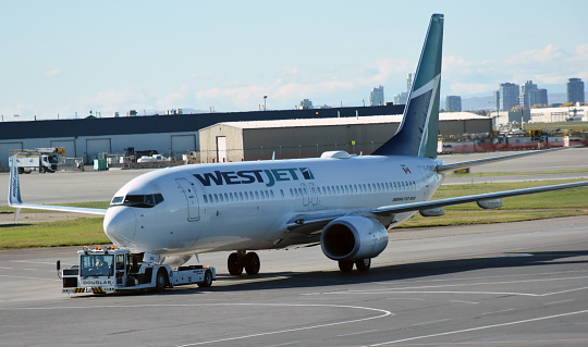 Building Exterior, Airport Ground Staff With Pushback Tractor, Towing WestJet Passenger Plane To Runway For Departure Scene At Calgary International Airport In Alberta Canada