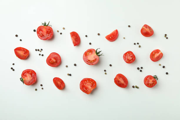 istock Fresh cherry tomato on white background, top view 1366557026