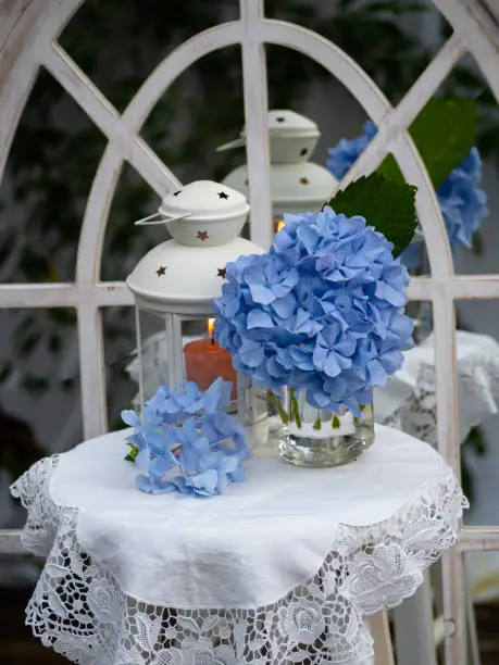 Bouquet of blue hydrangea on table, covered with white laced tablecloth. Glass vase by a lantern