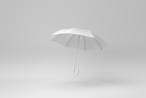 White blank umbrella isolated on white background. minimal concept. monochrome. 3D render.