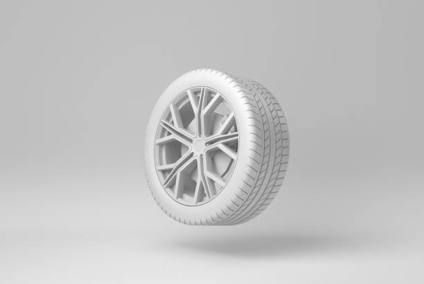 car wheels isolated on white background. minimal concept. monochrome. 3d render. - mode of transport part of vehicle vehicle part black and white imagens e fotografias de stock