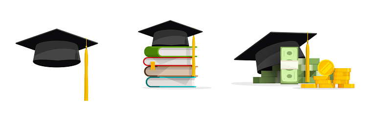 Education grant money vector or college study expensive cost concept and scholarship, graduation cap or academy black hat isolated, student mortarboard with books as knowledge achievement icon image