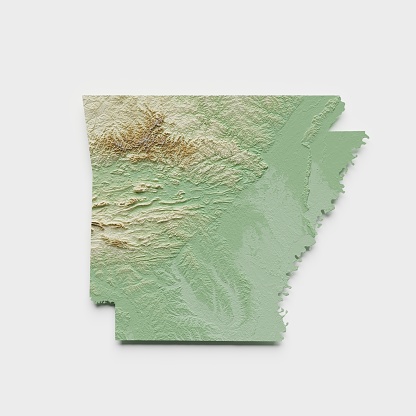 3D render of a topographic map of Arkansas. All source data is in the public domain. SRTM data courtesy of the U.S. Geological Survey (https://search.earthdata.nasa.gov/search/granules?p=C1000000240-LPDAAC_ECS&pg[0][v]=f&pg[0][gsk]=-start_date&q=srtm%201%20arc&tl=1640787673!3!!&m=11.7421875!-80.859375!2!1!0!0%2C2). Map rendered using QGIS and Blender software.
