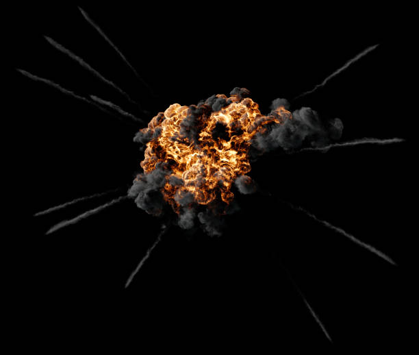 istock Large Sky Orange and Yellow Explosion like a Star with Dense Grey Smoke and some Thin Smoke trails on black 1366561410