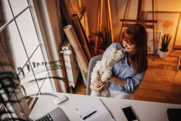 istock Can't work because of her dog 1366561627