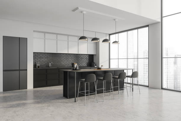 istock Dark kitchen set interior with table and four seats, shelves and panoramic window 1366562803