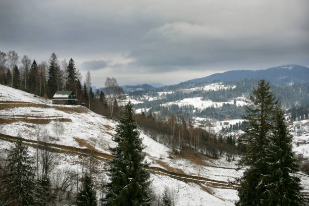 istock Winter Carpathian landscape in the mountains, cloudy 1366563983