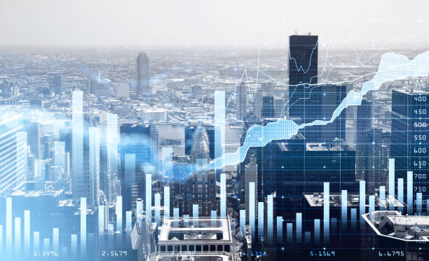 istock New York city skyscraper downtown panoramic view. Financial chart 1366564443
