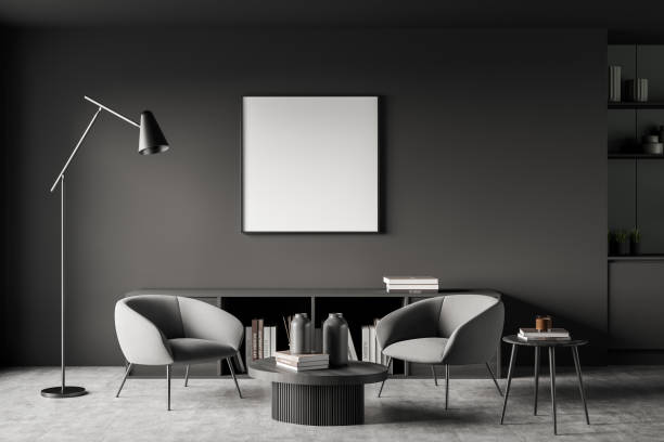 istock Dark guest room interior with armchairs and drawer, mockup poster 1366565986