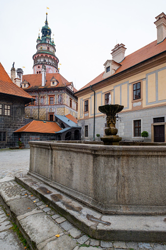Beautiful cloudy over historic centre of Chesky Krumlov old town in the South Bohemian Region of the Czech Republic on Vltava River. UNESCO World Heritage Site.