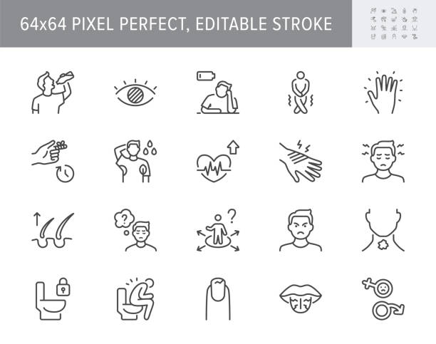 Diabetes symptoms line icons. Vector illustration include icon - sexual loss, diarrhea, disorientation, depression outline pictogram for endocrinology problems. 64x64 Pixel Perfect, Editable Stroke Diabetes symptoms line icons. Vector illustration include icon - sexual loss, diarrhea, disorientation, depression outline pictogram for endocrinology problems. 64x64 Pixel Perfect, Editable Stroke. exhaustion stock illustrations