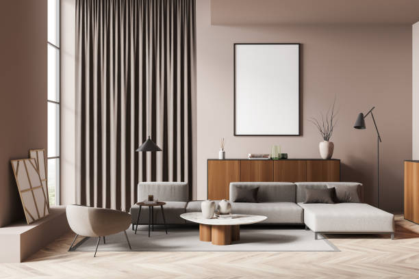 istock Bright living room interior with empty white poster, panoramic window 1366566432