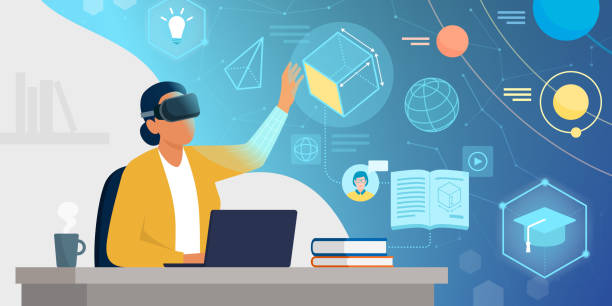 illustrazioni stock, clip art, cartoni animati e icone di tendenza di studente accademico che studia con la realtà virtuale - computer equipment virtual reality simulator mathematics technology