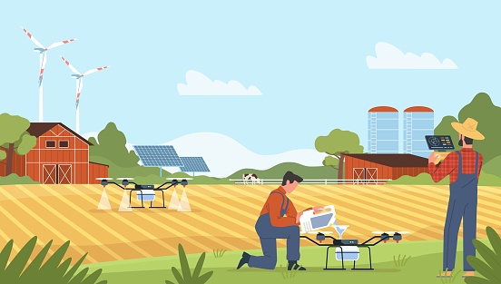 Farming with drone. Farm management from tablet, fields irrigation using drones, smart agriculture, alternative energy source, modern technology in countryside, vector cartoon flat isolated concept