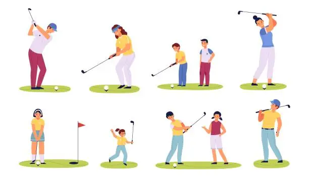 Vector illustration of Golf players characters. Different ages golfers, happy men, women and children with with golf clubs, family sport summer outdoor activity, playing on green field vector isolated set