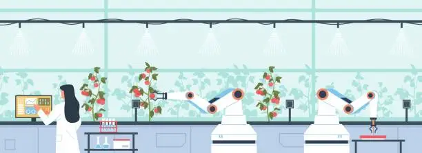 Vector illustration of Robotic watering farm plants. Automatic irrigation of greenhouse tomatoes, smart gardening, digital monitoring of conditions, robotic arms, smart agriculture vector isolated concept