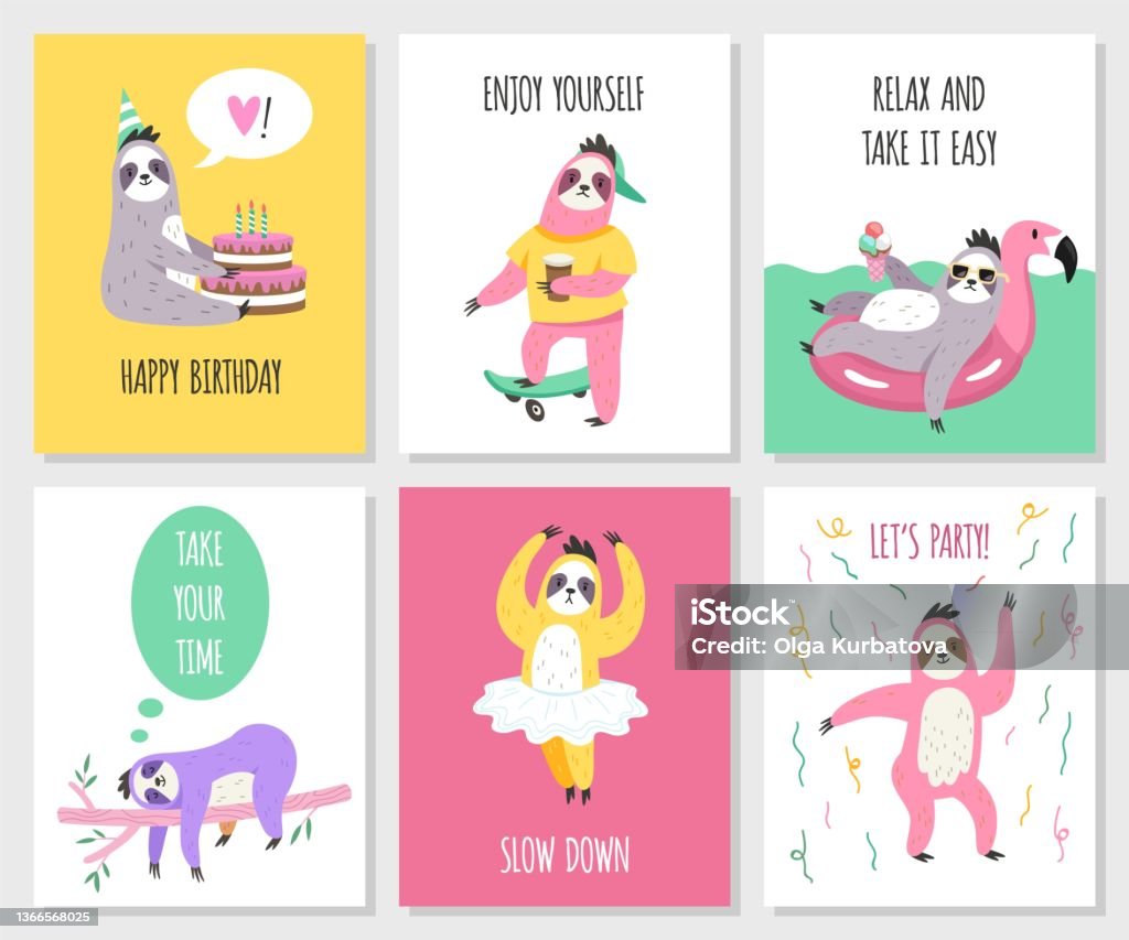 Cute Sloths Cards Funny Animals In Different Activities With Text Birthday  Party Invitations And Greeting Characters Hobby And Relax Tropical Fauna  Vector Cartoon Isolated Posters Set Stock Illustration - Download Image Now  -