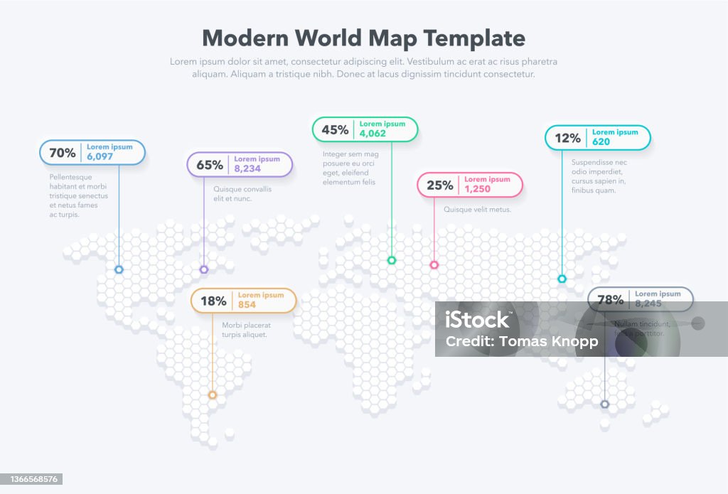 Map Moderm Modern World Map Template With Colorful Pointer Marks And Statistics ...