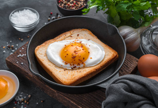 istock Fried eggs with spices on toast close-up 1366568909