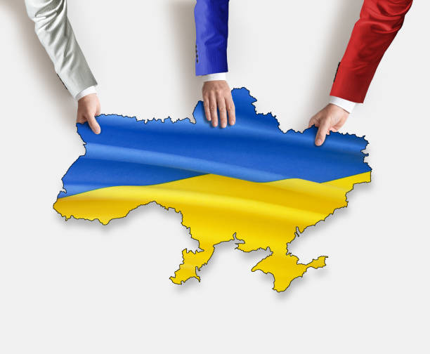 Russian hands invading overtaking Ukraine conflictThree hands in the national colours of the national flag of RussiaIllustration made in Photoshop and Adobe Illustrator