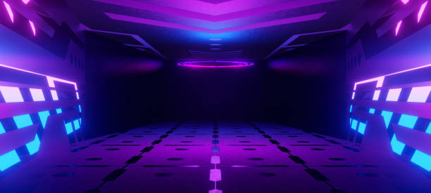 istock Robotic Cyber Virtual Reality Futuristic Industrial Room Phantom Laser Glowing with Midnight Blue Colors Futuristic Architechture Used For Clubs 3D Illustration 1366570478