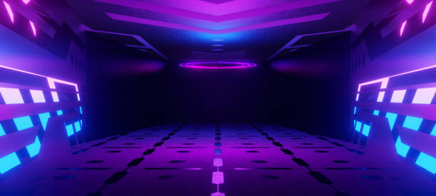 robotic cyber virtual reality futuristic industrial room phantom laser glowing with midnight blue colors futuristic architechture used for clubs 3d illustration - architechture zdjęcia i obrazy z banku zdjęć