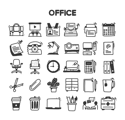 Office Related Hand Drawn Vector Doodle Icon Set