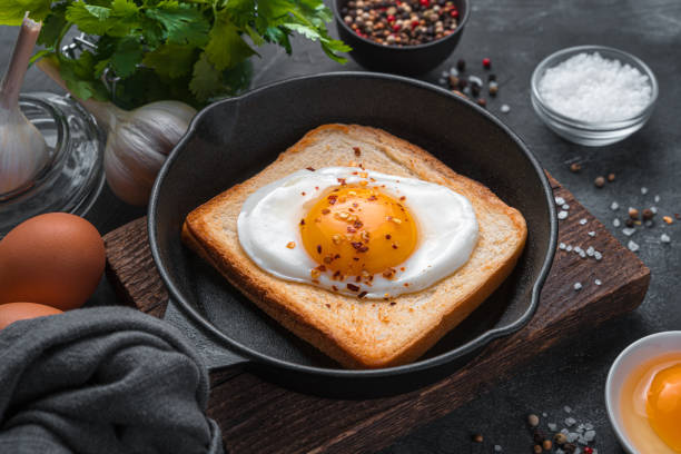 istock Breakfast with fried eggs in a frying pan on a dark background 1366571370