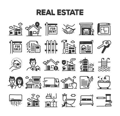 Real Estate Related Hand Drawn Vector Doodle Icon Set