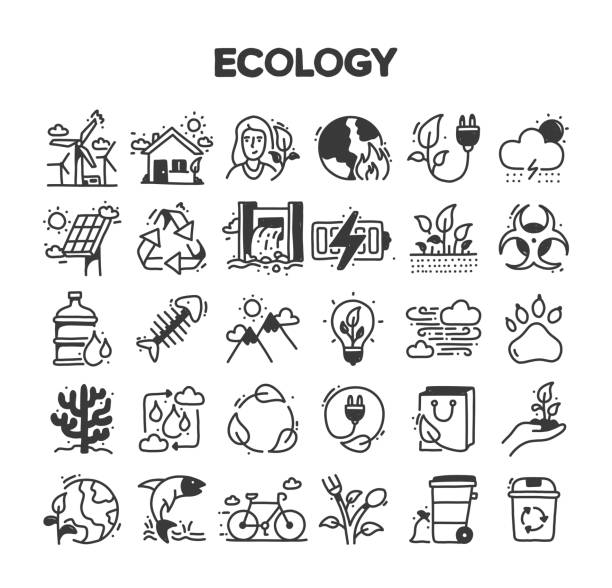 Ecology Related Hand Drawn Vector Doodle Icon Set Ecology Related Hand Drawn Vector Doodle Icon Set cycling bicycle pencil drawing cyclist stock illustrations
