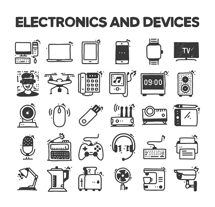 Electronics and Devices Related Hand Drawn Vector Doodle Icon Set