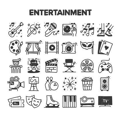 Entertainment Related Hand Drawn Vector Doodle Icon Set
