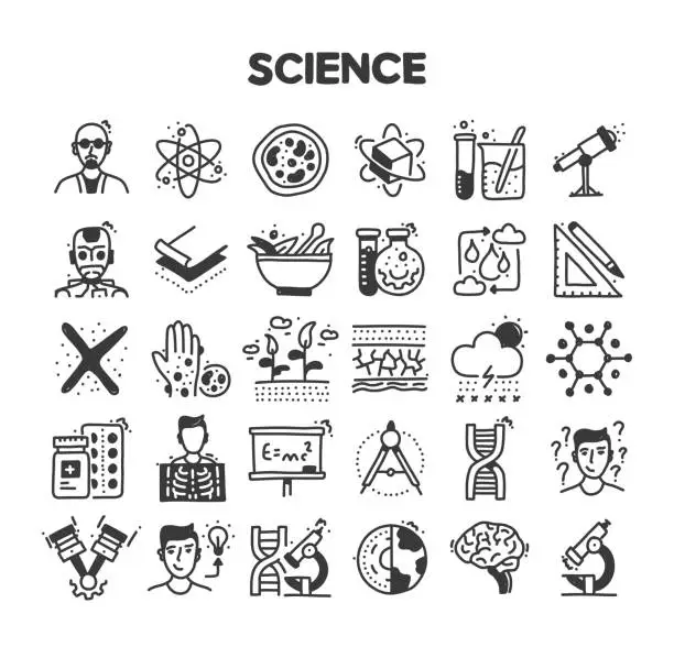 Vector illustration of Science Related Hand Drawn Vector Doodle Icon Set