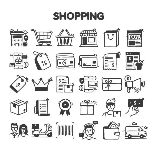 Vector illustration of Shopping Related Hand Drawn Vector Doodle Icon Set