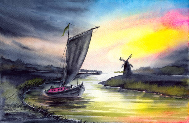 istock Watercolor illustration of a river landscape with a sailing boat 1366572807
