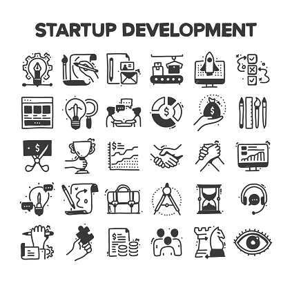Startup Development Related Hand Drawn Vector Doodle Icon Set