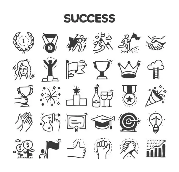 Vector illustration of Success Related Hand Drawn Vector Doodle Icon Set