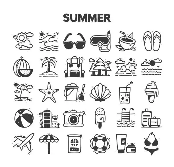 Vector illustration of Summer Related Hand Drawn Vector Doodle Icon Set