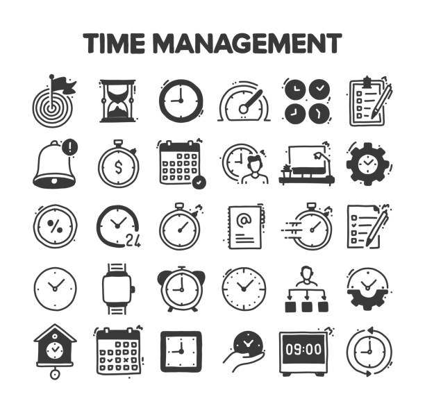 управление временем связанные рисованные векторные значки doodle - clock face time alarm clock working stock illustrations