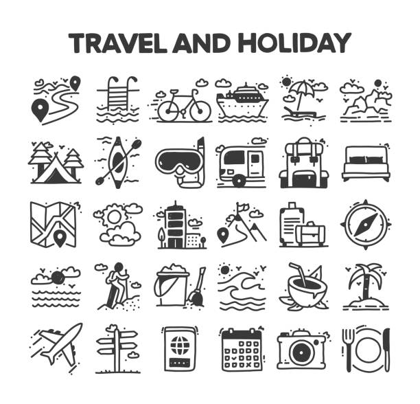 Travel and Holiday Related Hand Drawn Vector Doodle Icon Set Travel and Holiday Related Hand Drawn Vector Doodle Icon Set cruise ship cruise passport map stock illustrations