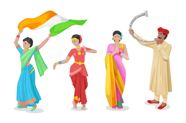 Indian girls dancer, in traditional cloth and decorations, performs dances vector art illustration
