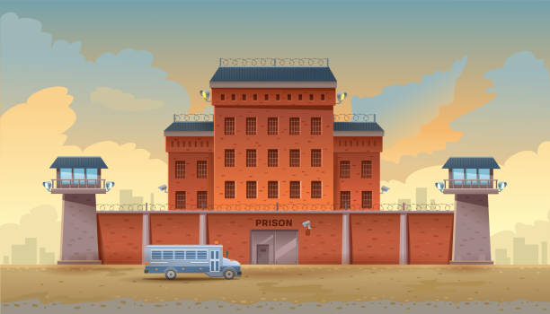 Guarded city prison building with two watchtowers on a high brick fence with barbed wire, buses for transporting prisoners. The prison has steel gates and surveillance cameras. Vector illustration Guarded city prison building with two watchtowers on a high brick fence with barbed wire, buses for transporting prisoners. The prison has steel gates and surveillance cameras. Vector illustration gun laws stock illustrations