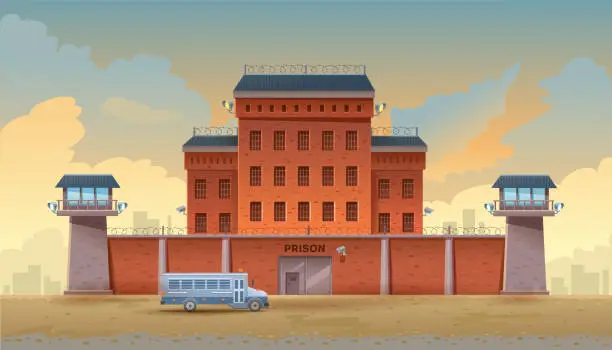 Vector illustration of Guarded city prison building with two watchtowers on a high brick fence with barbed wire, buses for transporting prisoners. The prison has steel gates and surveillance cameras. Vector illustration