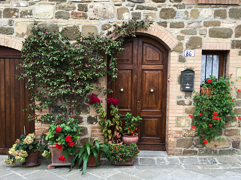 Street view in one of the villages in Val dOrcia national park. Wooden door, ivy climbing wall, pots with geranium, hydrangea. Stone wall
