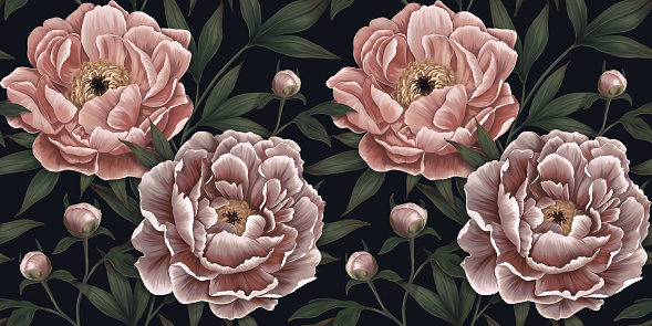 Floral seamless pattern. Botanical wallpaper with realistic peonies, dark background. Vintage hand drawn flowers, buds, leaves for wallpapers, fabrics, wrapping paper, banners, blogs, social media