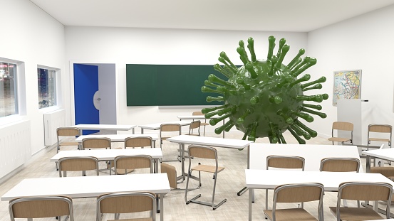 Covid in school, closing classrooms - 3d rendering